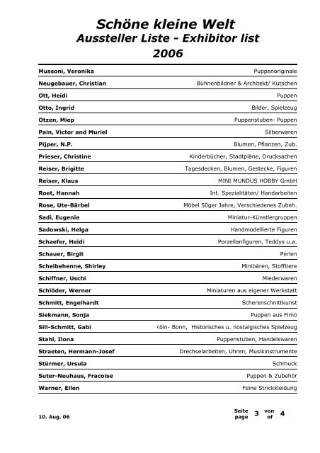 Schöne kleine Welt Aussteller Liste - Exhibitor list 2006