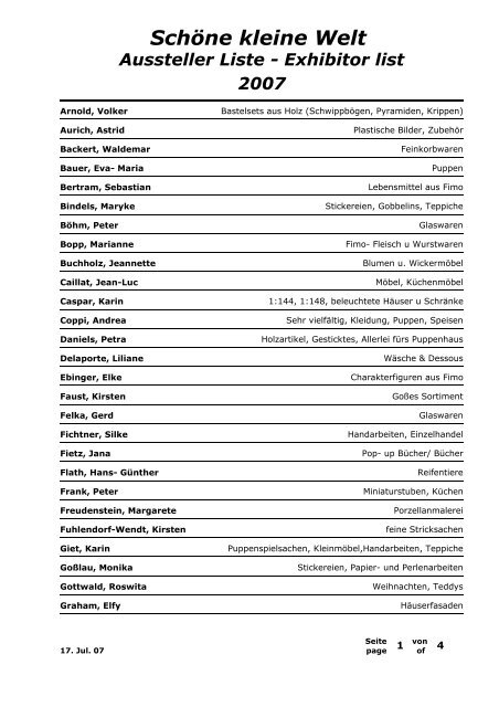 Schöne kleine Welt Aussteller Liste - Exhibitor list 2007