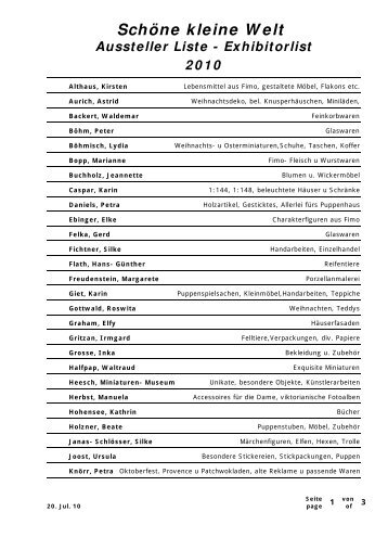 Schöne kleine Welt Aussteller Liste - Exhibitorlist 2010