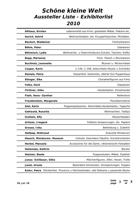 Schöne kleine Welt Aussteller Liste - Exhibitorlist 2010