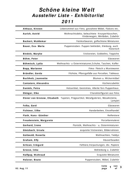 Schöne kleine Welt Aussteller Liste - Exhibitorlist 2011