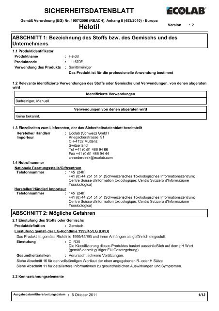 SICHERHEITSDATENBLATT Helotil - Ecolab (Schweiz)