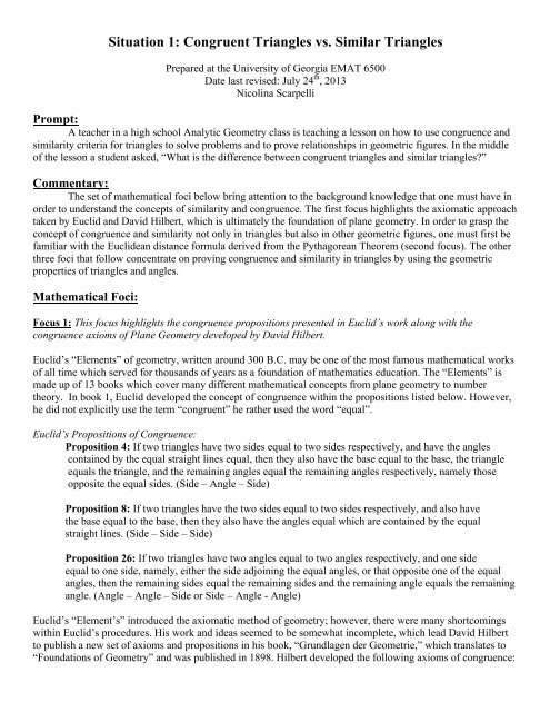 Congruent Triangles vs. Similar Triangles - University of Georgia