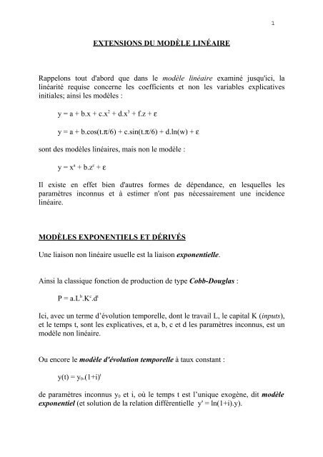 EXTENSIONS DU MODÈLE LINÉAIRE - Cours d'économétrie et d ...