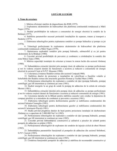 Lista de lucrari a doctorandului - Universitatea Petrol - Gaze din ...