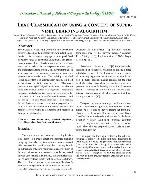 text classification using a concept of super- vised learning algorithm