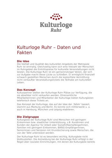 Kulturloge Ruhr – Daten und Fakten