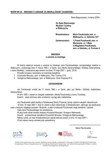 28. Wniosek o uznanie za zmarÅÄ osoby zaginionej