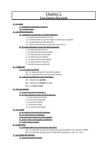 Chapitre I. Les classes des mots - Enseignons.be