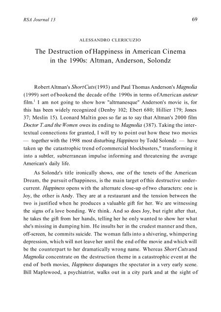 The Destruction of Happiness in American Cinema in the ... - aisna