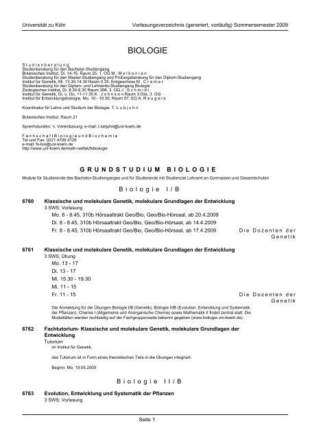 BIOLOGIE - Fachgruppe Biologie an der Uni Köln - Universität zu Köln