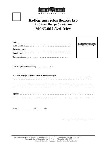 Kollégiumi jelentkezési lap