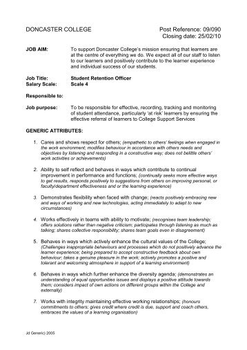 Job Description Student Retention Officer 09-090 - Doncaster College