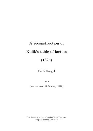 A reconstruction of Kulik's table of factors (1825) - LOCOMAT: The ...
