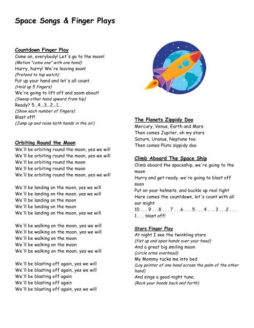 Space Songs Finger Plays Preschool