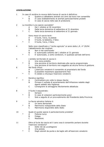 quiz esame abilitazione venatoria (testo R.G.F.) - Provincia di Imperia