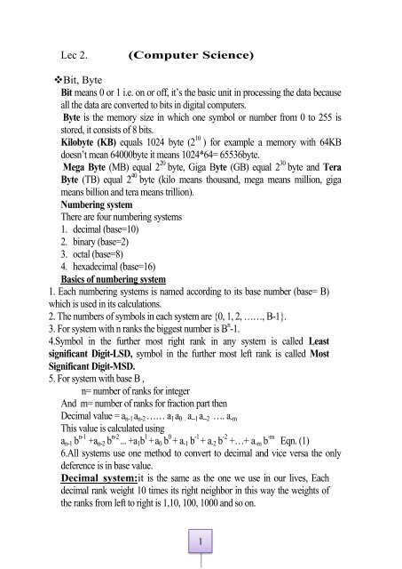 Lec 2. (Computer Science) Bit, Byte Bit means 0 or 1 i.e. on or off, it's ...