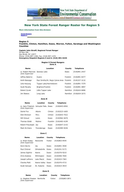 New York State Forest Ranger Roster for Region 5 - Northeast ...