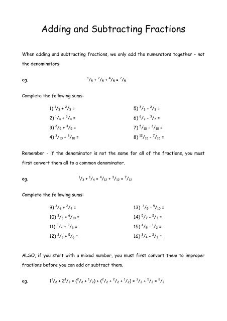 Adding And Subtracting Fractions - Primary Resources