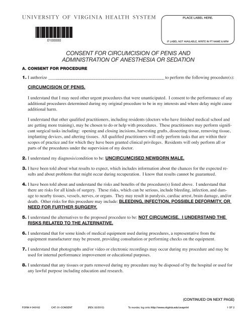 consent for circumcision of penis and administration of anesthesia or ...