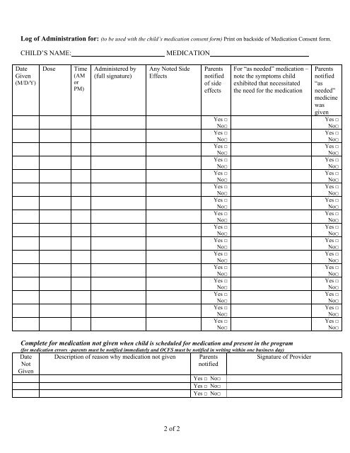 Medication Consent & Log of Administration