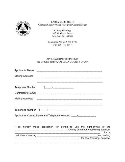 App/Permit To Cross or Parallel A County Drain - Calhoun County