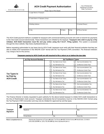 ACH Credit Payment Authorization - City of Westminster