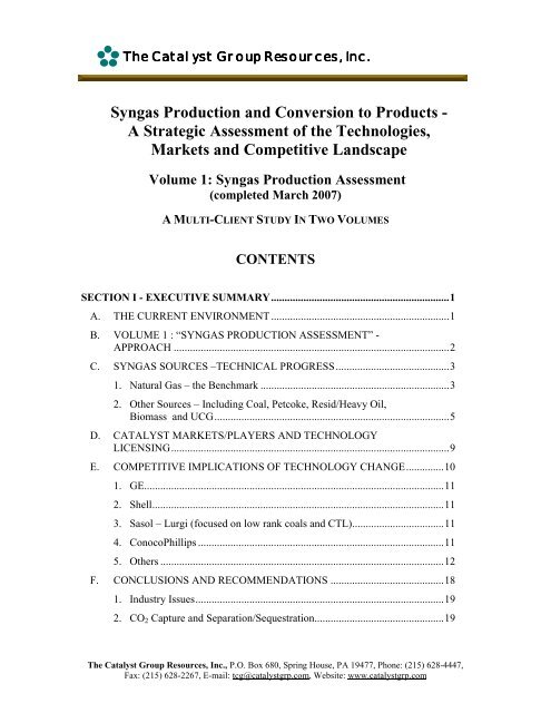 Syngas Production and Conversion to Products - The Catalyst Group