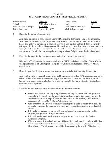 Sample: Section 504 Plan/Chapter 15 Service Agreement - Achieva