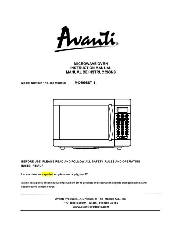 MICROWAVE OVEN INSTRUCTION MANUAL ... - Avanti Products