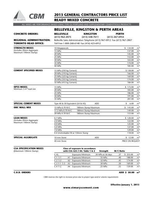 2013 general contractors price list ready mixed concrete belleville ...