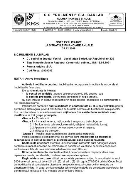 Note explicative la situatiile financiare anuale 2008 - S.C. Rulmenti ...