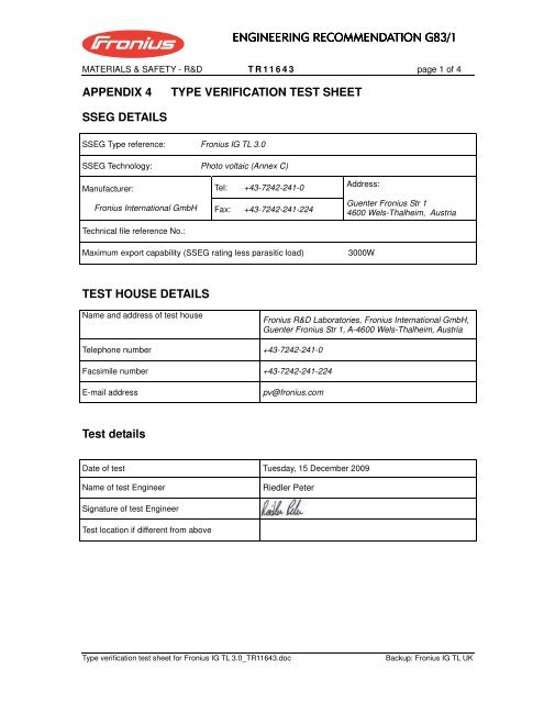 Type verification test sheet for Fronius IG TL 3.0 ... - All Eco Energy