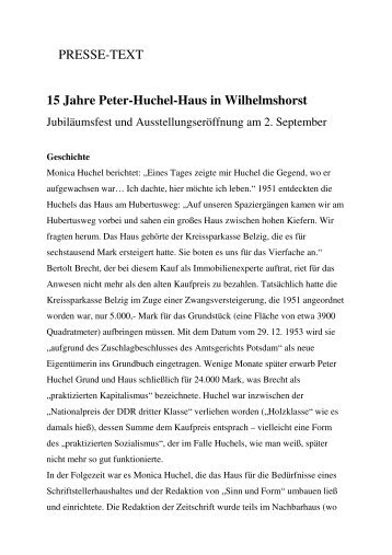 PRESSE-TEXT 15 Jahre Peter-Huchel-Haus in Wilhelmshorst