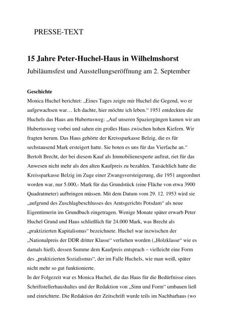 PRESSE-TEXT 15 Jahre Peter-Huchel-Haus in Wilhelmshorst