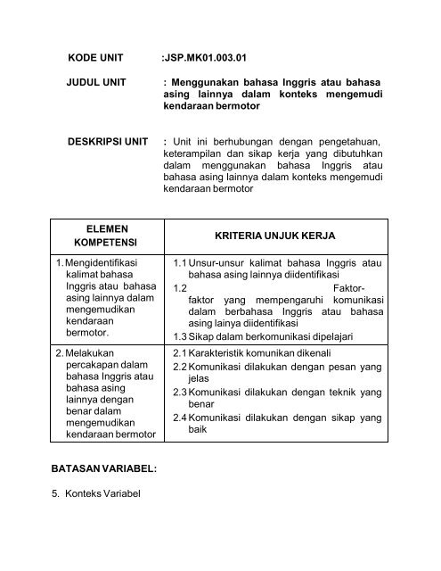 SKKNI Mengemudi Kendaraan Bermotor - Dirjen PAUDNI