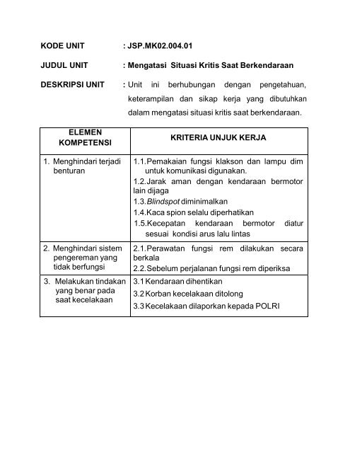 SKKNI Mengemudi Kendaraan Bermotor - Dirjen PAUDNI