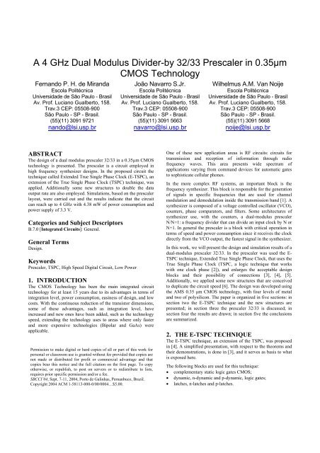 A 4 GHz Dual Modulus Divider-by 32/33 Prescaler in ... - LSI - USP