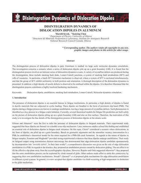 Disintegration Dynamics of Dislocation Dipoles in Aluminum - CSME