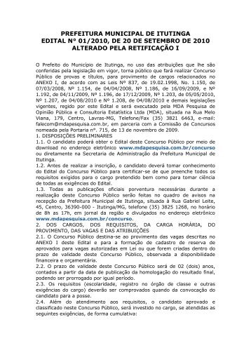 prefeitura municipal de itutinga edital n° 01/2010 - Mix Concursos
