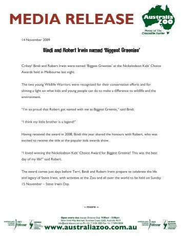 091114_FINAL_Media Release_Bindi and Robert ... - Australia Zoo