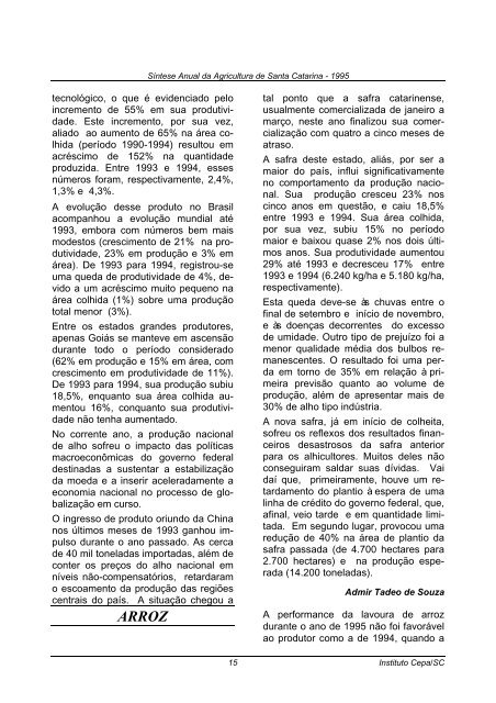 sÃ­ntese anual da agricultura de santa catarina 1995 - Cepa