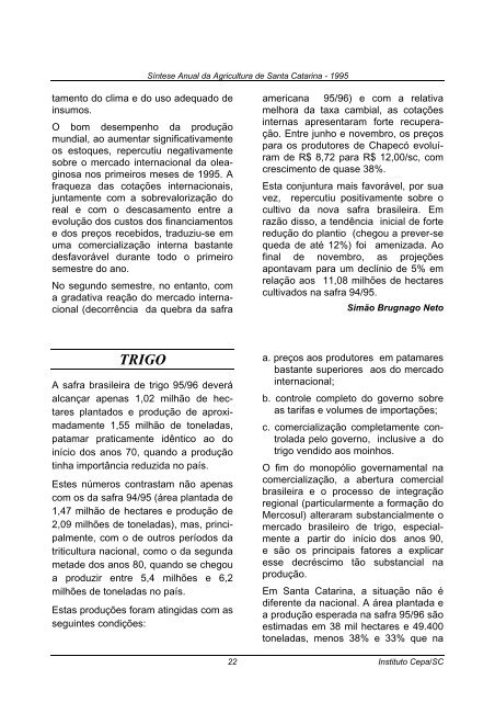 sÃ­ntese anual da agricultura de santa catarina 1995 - Cepa
