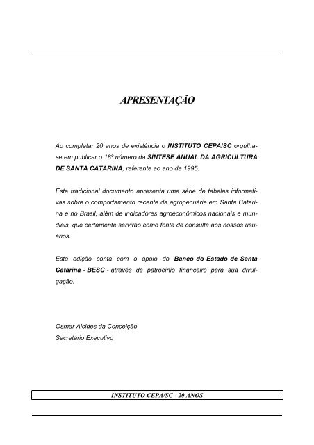 sÃ­ntese anual da agricultura de santa catarina 1995 - Cepa