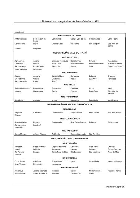 sÃ­ntese anual da agricultura de santa catarina 1995 - Cepa