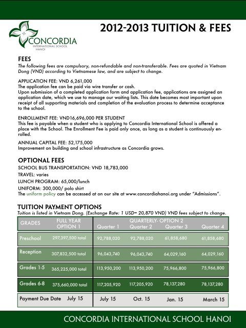 2012-2013 tuition & Fees - Concordia International School Hanoi