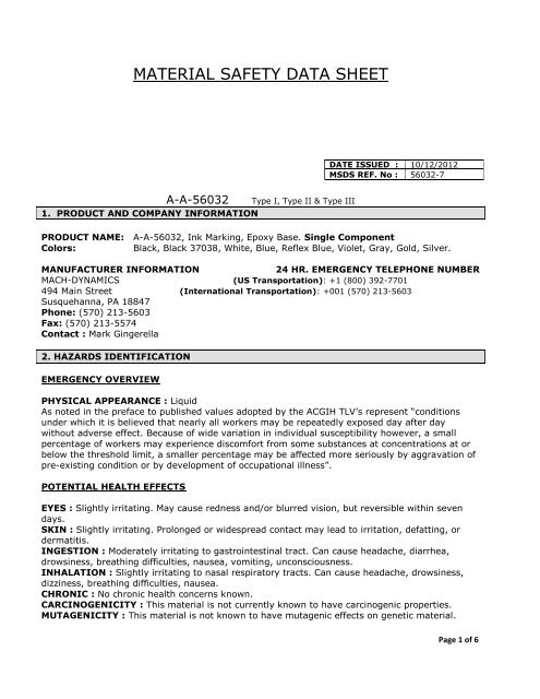 MSDS A-A-56032 Single Component - Mach-Dynamics