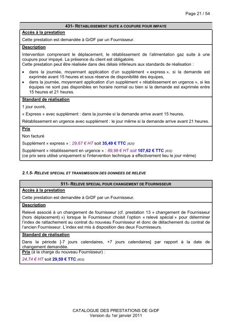 CATALOGUE DES PRESTATIONS DE GrDF PROPOSEES AUX ...