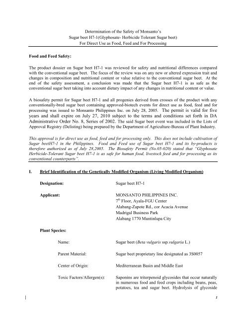 Sugarbeet H7-1 - Biotechnology - Department of Agriculture