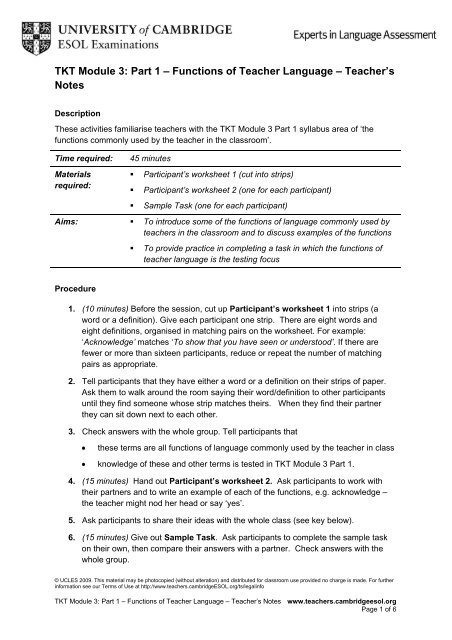 TKT Module 3: Part 1 â Functions of Teacher Language ... - Finchpark